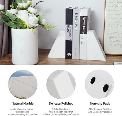 Karibiber Marble Bookends for Heavy Books, Decorative Book Ends for Shelves, White Stone Durable and Heavy-Duty Book Ends for Hardback Books & CDS, Unique Book Stopper & Holder, Set of 2