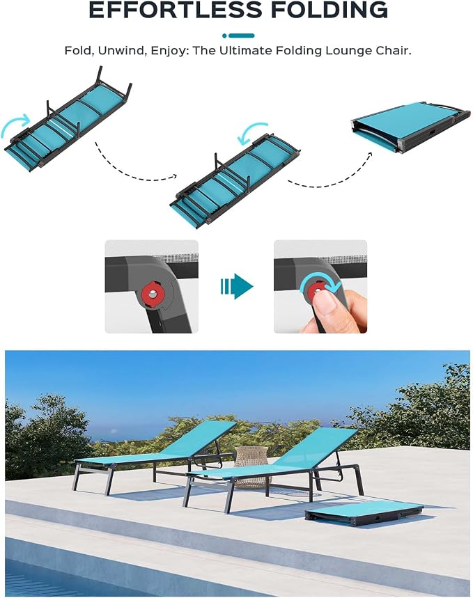 Ciokea Patio Chaise Lounge Chair Set of 2, Foldable Lounge Chairs for Outside, Aluminum Chairs with 5 Adjustable Backrest, Outdoor Pool Lounger for Lawn, Poolside, Deck, Lake Blue