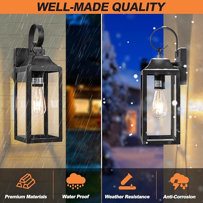 2 Pack Outdoor Light Fixtures Wall Mount, 15 Inch Black Exterior Wall Sconces Waterproof, Large Outside Lights for House, Modern Wall Lanterns Clear Glass