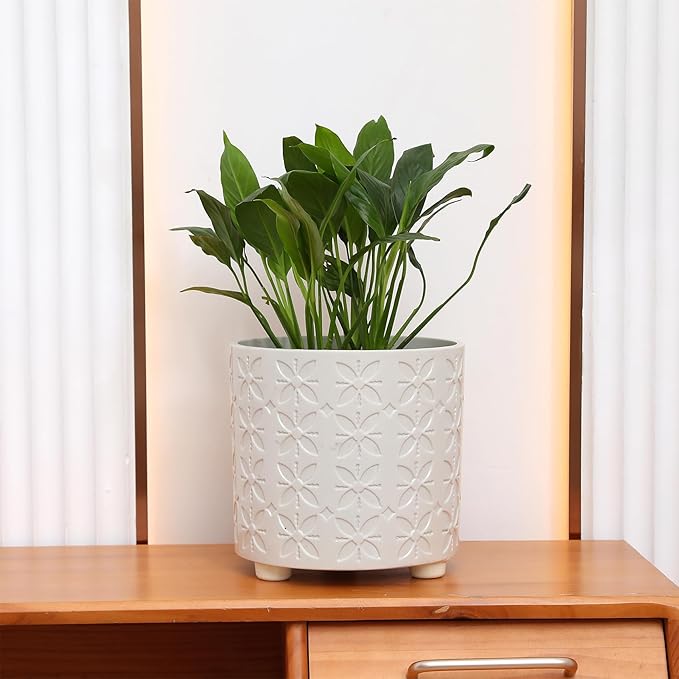 8 Inch Planter, Plant Pots with Drainage Hole, Modern Cylinder Flowerpot - Indoor & Outdoor Plants for Home & Office,White