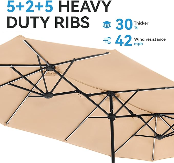 GREEN PARTY 13 ft Rectangle Patio Umbrella with Solar Lights, Double-Sided Market Table Umbrella with Crank, Large Outdoor Umbrellas for Patio Poolside Garden Backyard, Beige