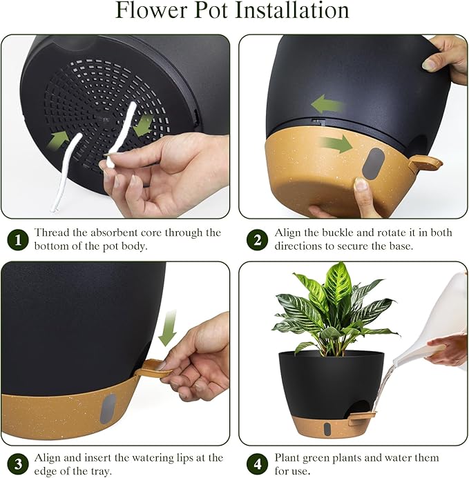 Plant Pots, 4 Pack 12/10/9/8 Inch Self Watering Pots with Drainage Holes, Water Level Indicator Deep Reservoir, Large Planters for Indoor Outdoor Plants - Black Brown