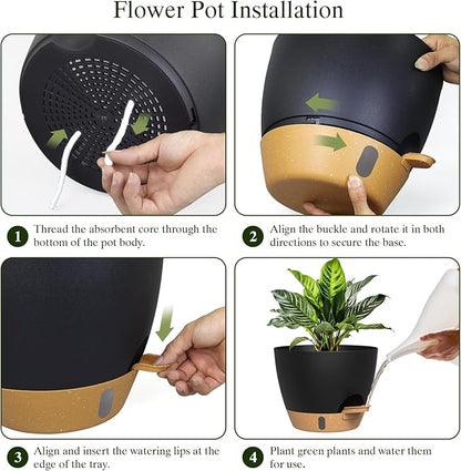 Plant Pots, 4 Pack 12/10/9/8 Inch Self Watering Pots with Drainage Holes, Water Level Indicator Deep Reservoir, Large Planters for Indoor Outdoor Plants - Black Brown