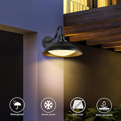 LED Outdoor Barn Lights, 12 Inch Farmhouse Exterior Wall Light Fixtures with Adjustable Color Temperature, Black Porch Lights Outside for House, Outdoor & Indoor, Gold Interior, 2 Pack