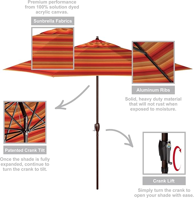 California Umbrella 9' Round Sunbrella Aluminum Outdoor Deck, Pool or Patio Umbrella, Crank Lift, Auto Tilt, Bronze Pole, Astoria Sunset