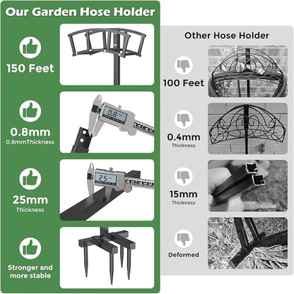 OLV Garden Hose Holder 4 Spikes, Heavy Duty Freestanding Water Hose Holder Stand Holds 150-ft Hoses, Detachable Outdoor Metal Storage Hanger Organizer Rack for Outside Yard Lawn Farm