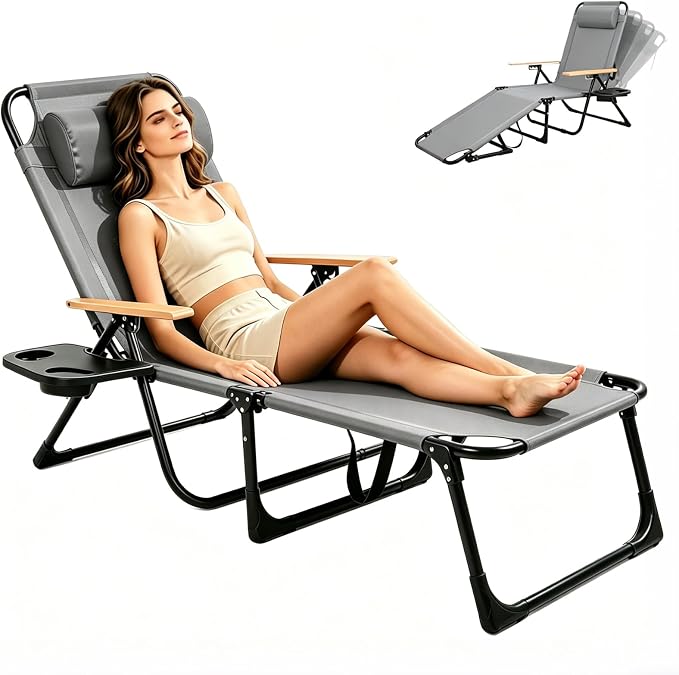 Foldable Chaise Lounge Chair Outdoor, Tanning Chair with 4-Position Reclining Back, Folding Sun Lounger, Outdoor Lounge Chair for Beach, Poolside, Backyard, Camping, UPF 50+, 300 LBS