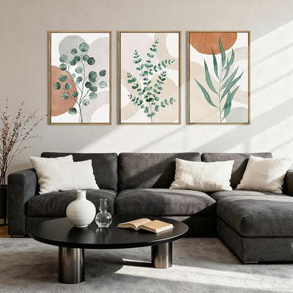 Anyzal Framed Boho Botanical Wall Art Large 16x24 Inch Abstract Green Plant Canvas Wall Decor Bohemian Modern pictures Painting for Living room Bedroom Dining room Set of 3