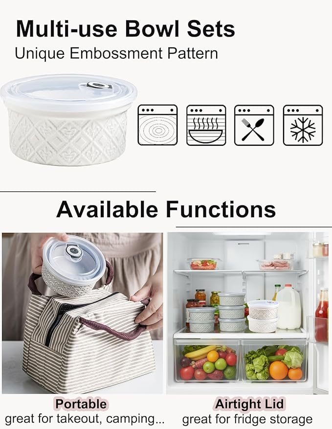 Ceramic Mixing Bowls with Lids Set of 4, Embossed Nesting Storage Bowls for Cooking, Serving, Salad, Popcorn etc, Microwave and Dishwasher Safe, Baking Dishes 12/16/28/40 oz (Gray)
