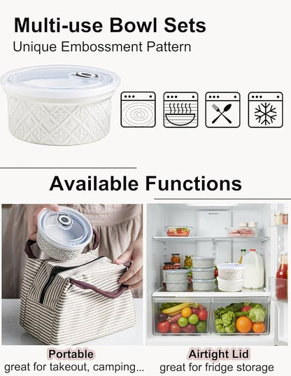Ceramic Mixing Bowls with Lids Set of 4, Embossed Nesting Storage Bowls for Cooking, Serving, Salad, Popcorn etc, Microwave and Dishwasher Safe, Baking Dishes 12/16/28/40 oz (Gray)