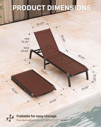 Patio Lounge Chair, Aluminum Foldable 5-Position, 1 Pack,Brown | Lightweight rustproof aluminum. Breathable quick-dry fabric. Full flat recline for sunbathing. Poolside, deck, beach, lawn.