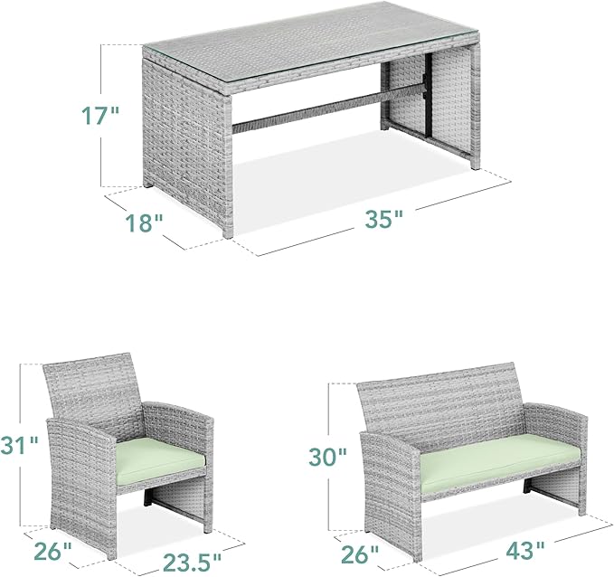 Best Choice Products 4-Piece Outdoor Wicker Patio Conversation Furniture Set for Backyard w/Coffee Table, Seat Cushions - Gray/Light Mint