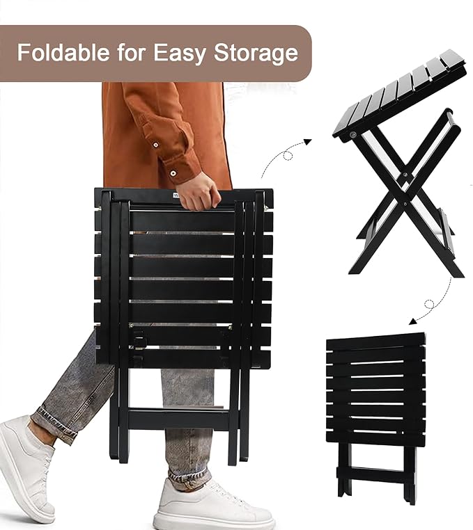Outdoor Wooden Side Table, Folding Patio End Table Set of 2, Small Square Furniture Table for Adirondack Chair, Balcony, Porch, No Assembly, Black