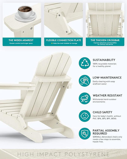 SERWALL Folding Adirondack Chair Set of 4 for Patio Garden Outdoors Fire Pit Chairs-White