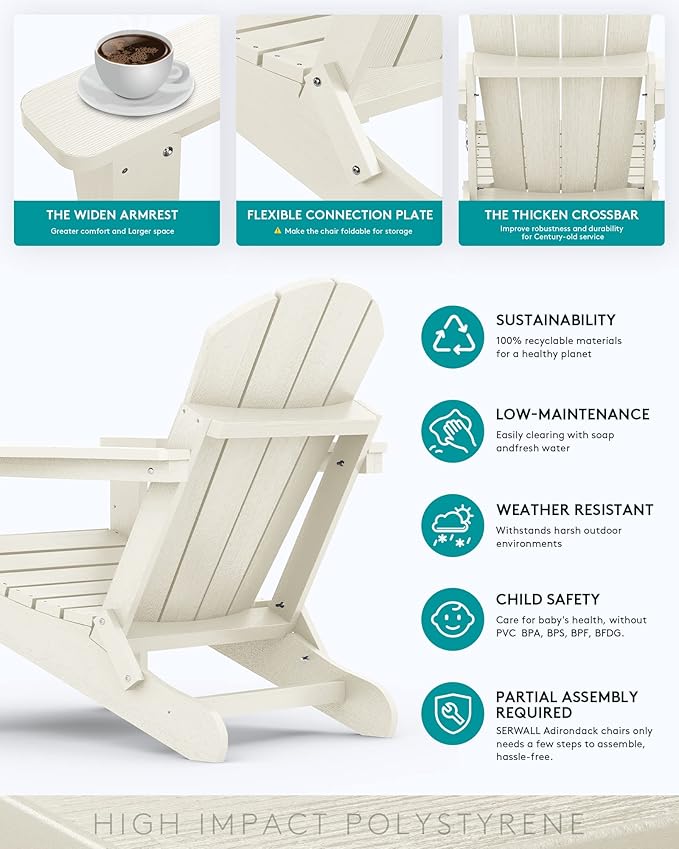 SERWALL Adirondack Chair - Folding Adirondack Chairs HIPS Outdoor Chairs Set of 8 Weather Resistant- White