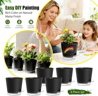 Plant Pots 4 Inch Self Watering Pots,6 Pack Plastic Planters with Drainage Holes and Clear Saucers,Plastic Flower Pots,Nursery Planting Pot for Indoor Out Door Plants (Black, 4 inch)