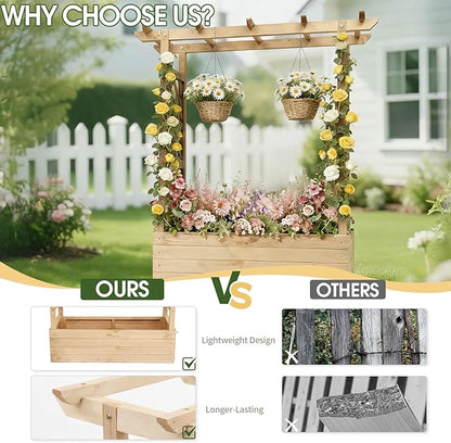 VINGLI Raised Garden Bed with Trellis & Hanging Roof, Wooden Garden Bed, Outdoor Planter Box for Yard, Garden, Balcony (Natural Wood Color, Medium)