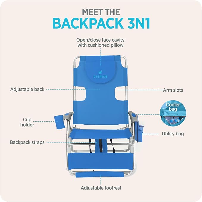 Ostrich the Backpack 3N1 Portable Chair with Cooler Bag and Reclining Lounger for Tanning, Camping, Beach, and Outdoor Essential, Blue