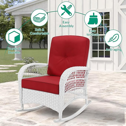 VIVIJASON 3-Piece Outdoor Conversation Bistro Set, Patio Wicker Rocking Chairs Rattan Furniture Sets w/ 2 Rattan Chairs, Cushions, Glass Top Side Table for Garden Porch Backyard (White Wicker/Red)