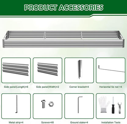 12x4x1FT Galvanized Raised Garden Bed Outdoor Patio, Large Rectangular Metal Planter Boxes,Plant Container Kit for Gardening, Vegetables, Flowers, Herbs,Silver,1 Pack