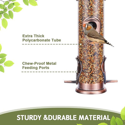Metal Bird Feeder Tube Hanging Wild Bird Seed Feeder Aluminum Six Port Bird Feeders,1.4 mm Extra Thick Solid Tube Transparent with Steel Hanger Great for Attracting Birds (Antique Copper 2PK)