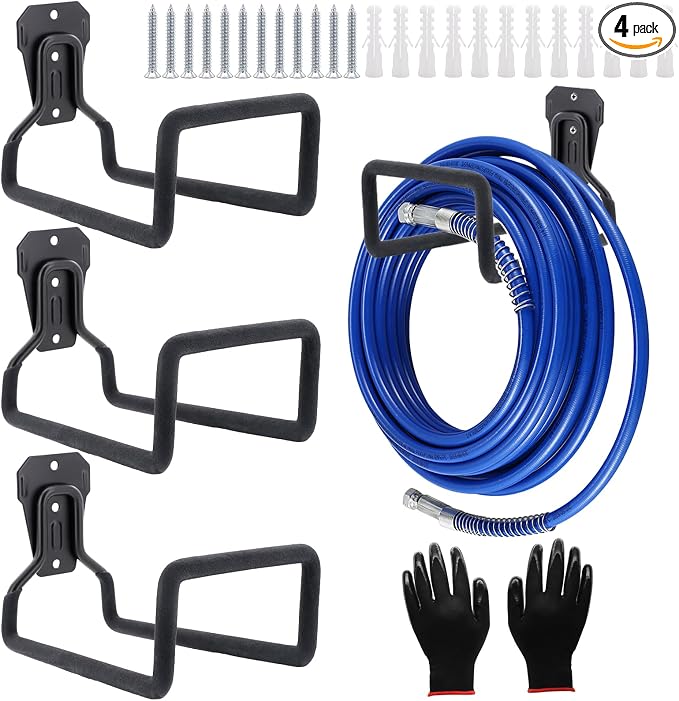 4 Pack Garden Hose Holder, Hose Reel Heavy Duty Hose Hanger, Wall Mounted Water Hose Holder Outdoor/Indoor Metal Durable Hose Hooks Ideal for Water Hose Storage Garden Yard Hold Max 308 Lbs- Black
