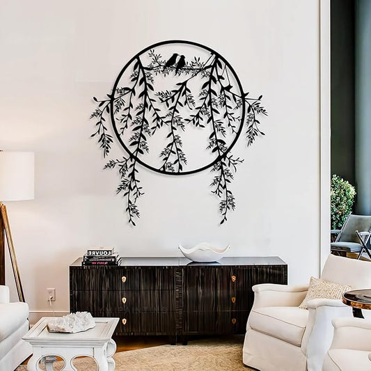 Birds on Branch Metal Wall Decor, Metal Tree Leaf Wall Art, Olive Branch Artwork, Birds Wall Decor, Olive Wall Art, Bird Decorations for The Home, Farmhouse, Living Room (Black, 20"x19" | 50x48cm)