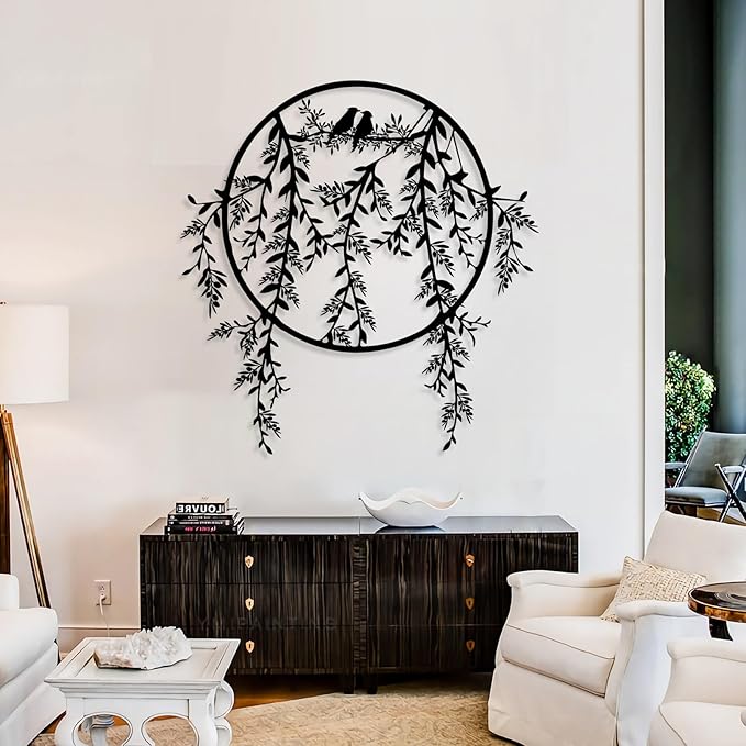 Birds on Branch Metal Wall Decor, Metal Tree Leaf Wall Art, Olive Branch Artwork, Birds Wall Decor, Olive Wall Art, Bird Decorations for The Home, Farmhouse, Living Room (White, 35"x34" | 90x86cm)