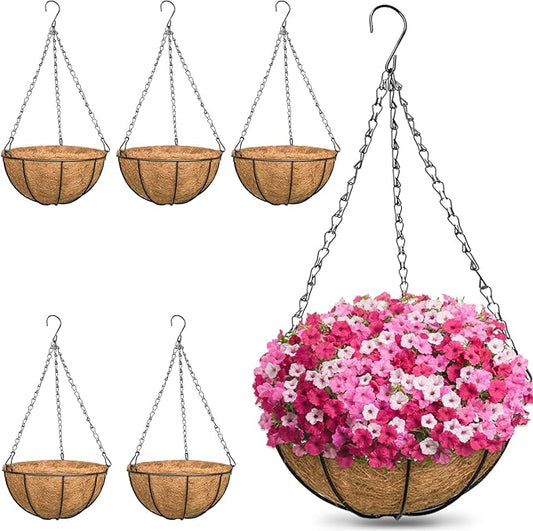 ZeeDix 6 Pack 14 Inch Metal Round Hanging Planter Basket with Coconut Liners Replacement, Hanging planters Baskets with Natural Coco Liner for Outdoor Indoor Planters Flowers Vegetables