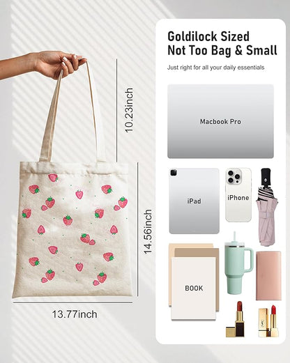 Canvas Tote Bag with Aesthetic Prints, Cute Tote Bag for Women Girls with Wide Strap, Gifts for Cat Book Lovers