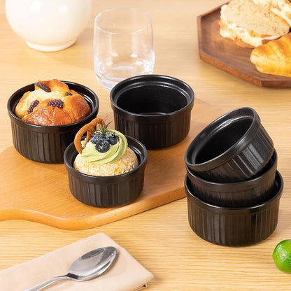 Yachi Ramekins Black, 4 oz 6 Pieces Ceramic Baking Ramekin Set of 6 Stoneware Bakeware Serving for Sauces Dipping Onion Soup Lava Cake Flan Creme Brulee Kit Pudding Mini Custard Ramekins Oven Safe Mini Custard Cups small Bowls for Souffle Merry Christmas