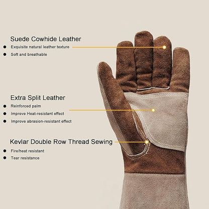 Stick Welding Gloves for Men, Heavy Duty Gardening Gloves for Yard Work, Leather Gloves for Barbecue, Cooking, Firefighting, Fireplace, Baking, Pot Holder, Thorn Proof, XL