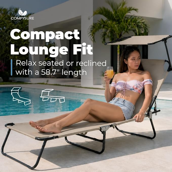 Folding Outdoor Set of 2 Lounge Chairs with Canopy - Portable & Adjustable Beach Lounge Chair - 5-Positions, Carry Handles, 600D Fabric, 220 lbs Capacity – Tanning Chaise Lounge for Beach, Patio, Lawn