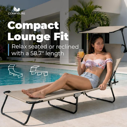 Folding Outdoor Set of 2 Lounge Chairs with Canopy - Portable & Adjustable Beach Lounge Chair - 5-Positions, Carry Handles, 600D Fabric, 220 lbs Capacity – Tanning Chaise Lounge for Beach, Patio, Lawn