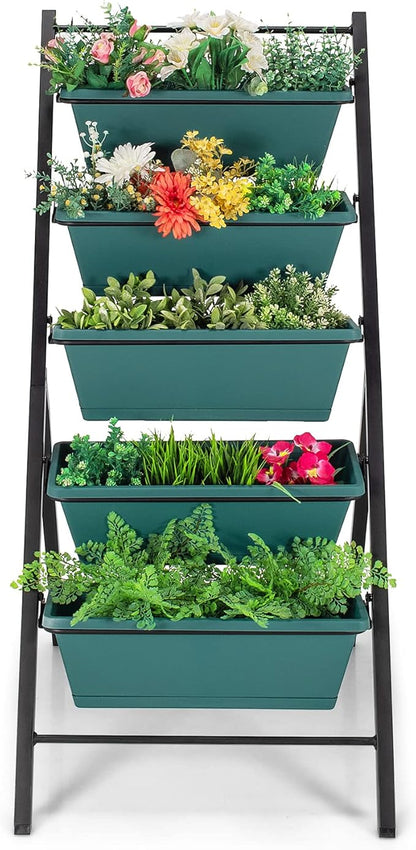 Giantex Set of 2 Vertical Planter Raised Bed, Elevated Garden Beds with Water Drainage Hole, Freestanding 5 Container Boxes for Herb Vegetables Flowers Growing, Outdoor Indoor Patio Balcony