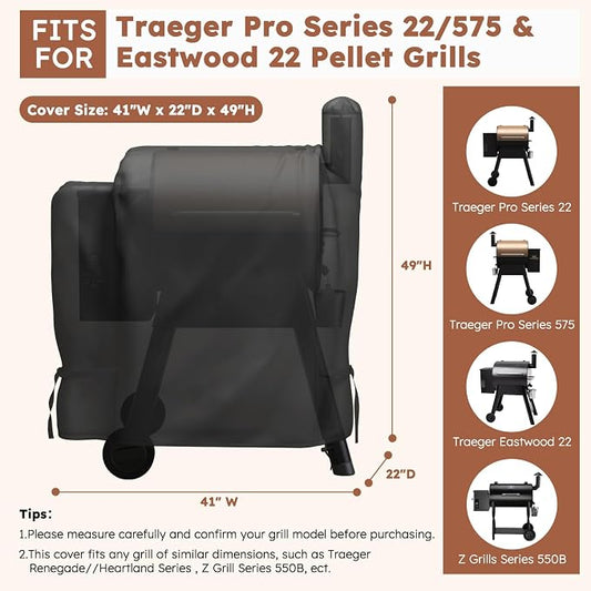 MR. COVER Grill Cover for Traeger Pro 22 & 575 Series, Waterproof Wood Pellet Smoker Cover for Traeger 22 / Pro 575, Z Grills 550B, Heavy Duty Premium Pellet BBQ Cover for Outdoor with Straps, Black