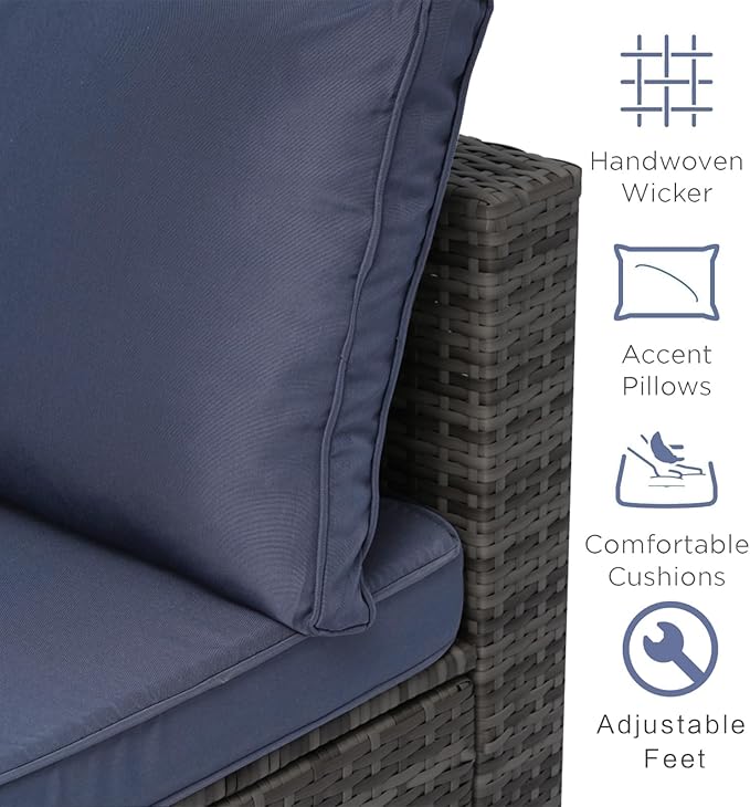 10-Piece Outdoor Sectional Sofa Set, Wicker Patio Furniture with Navy Blue Cushions for Your Villa, Balcony, Porch, Backyard, Grey Rattan