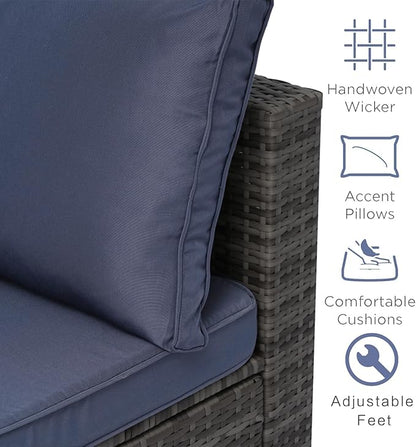 10-Piece Outdoor Sectional Sofa Set, Wicker Patio Furniture with Navy Blue Cushions for Your Villa, Balcony, Porch, Backyard, Grey Rattan
