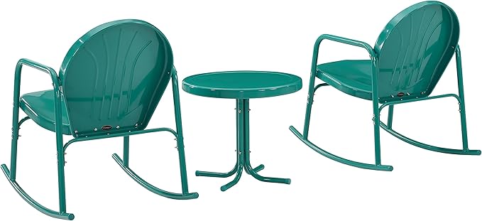Crosley Furniture Griffith 3-Piece Outdoor Rocking Chair and Side Table Set, Retro Metal Bistro Patio Sets, Turquoise Gloss