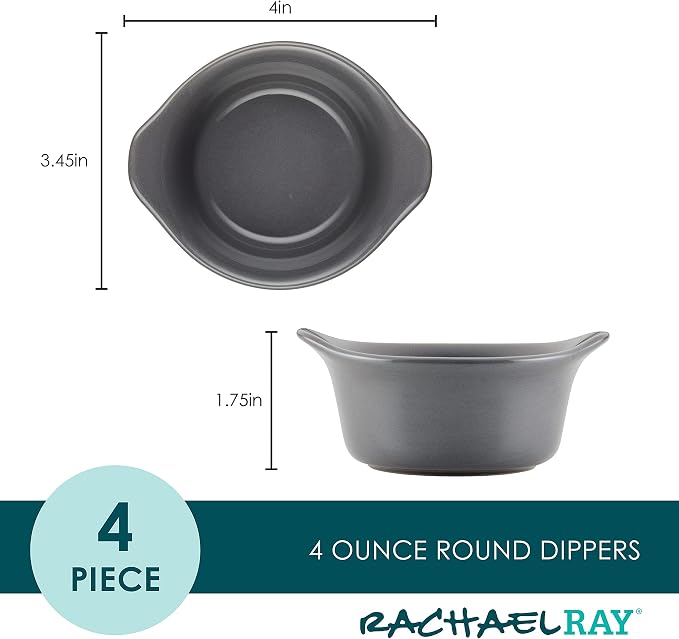 Rachael Ray Solid Glaze Ceramics Round Ramekins/Dipping Cup Set, 4 Piece, Gray