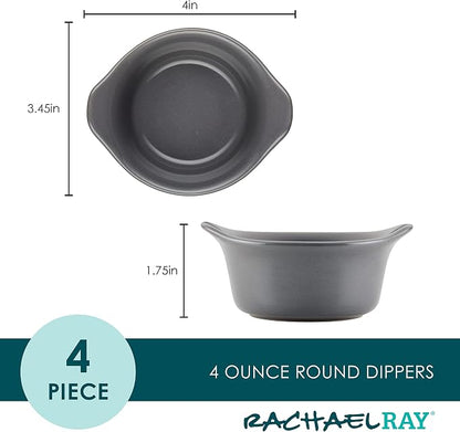 Rachael Ray Solid Glaze Ceramics Round Ramekins/Dipping Cup Set, 4 Piece, Gray (Pack of 3)