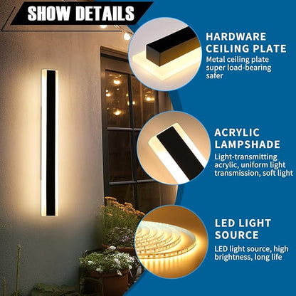 2 Pack Outdoor Wall Sconce Light, 31.4inch Modern Black Exterior Porch Light, 3 Color Lights 3000K/4500K/6000K, 31W, IP65 Waterproof Wall Mounted Lighting Fixture for Patio, Yard, Garage