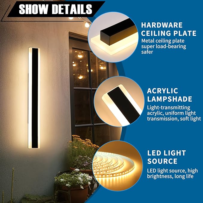 2 Pack 31.4inch Modern Outdoor LED Wall Sconce, Dimmable 3000K-6000K with Remote Control, IP65 Waterproof Black Aluminium Long Exterior Wall Light Fixture for Porch, Patio, Garage, Yard