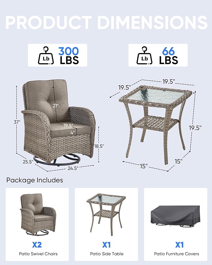 3 Pieces Patio Bistro Set Outdoor Swivel Rocker Patio Chairs with Side Table Patio Furniture for Deck Porch Garden Balcony Poolside-Grey/Grey
