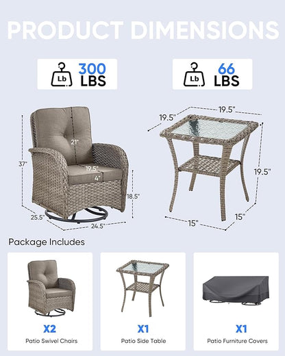 3 Pieces Patio Bistro Set Outdoor Swivel Rocker Patio Chairs with Side Table Patio Furniture for Deck Porch Garden Balcony Poolside-Grey/Grey