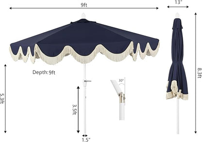 JONATHAN Y UMB1001 Collins 9 ft. Classic Cottage Tassel Market Patio Umbrella with Auto-Tilt, Crank, Wind Vent and UV Protection