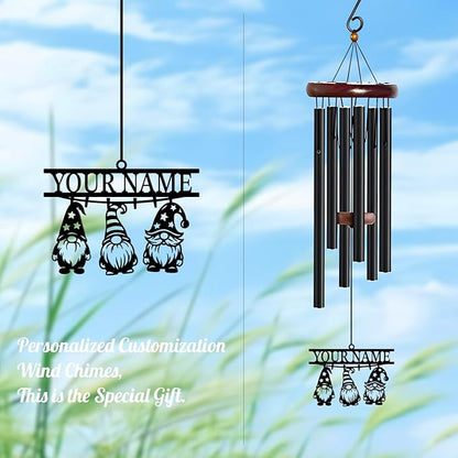 Personalized Customize Name Gnome Wind Chime, Metal Iron 37 Inch Outdoor Memorial Gift for Garden Yard Patio Home Decor, Black，Christmas (Style F)