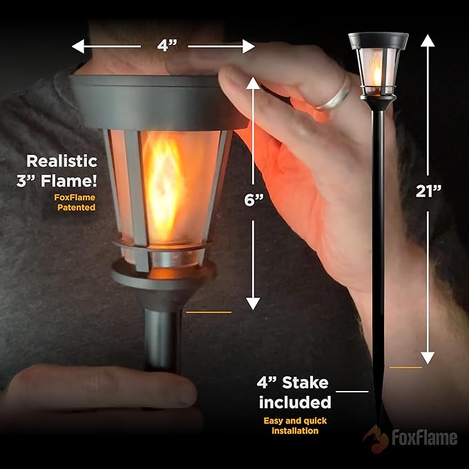 Classic Solar Path Torch - Elegant Flickering Flame Effect with Patented LED, IP65 Waterproof, Solar-Powered Lighting for Garden, Walkway, Yard, and Landscape Ambiance Easy Stake Installation (2 Pack)