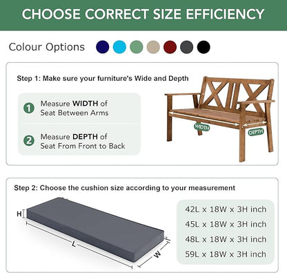 Summsun Outdoor Bench Cushion: Waterproof and Fade Resistant Patio Furniture Cushions - Non-Slip Bench Pad Cushion with Removable Cover for Garden Swing Porch Sofa Settee, 48 x 18 x 3 Inch, Dark Grey