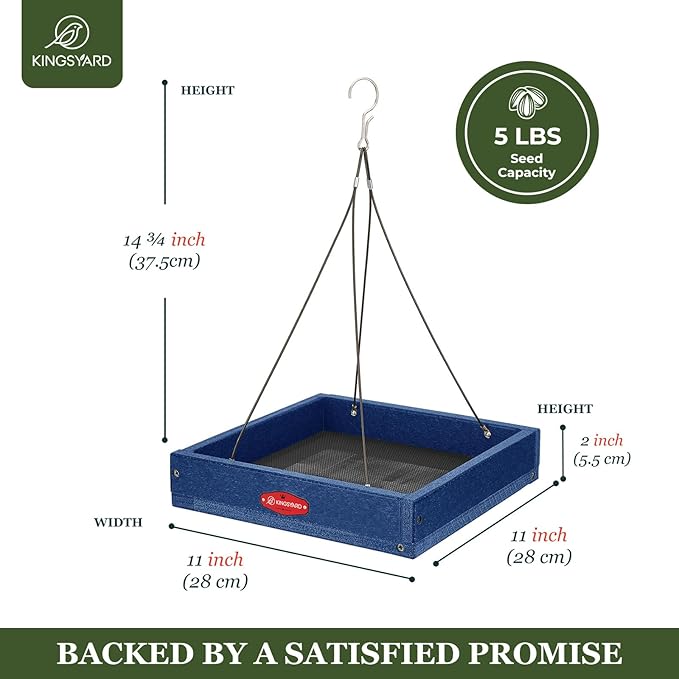 Kingsyard WPC Composite Platform Bird Feeder for Outside, Heavy Duty Hanging Tray for Mealworms & Seeds, 3.5 lbs Large Capacity, Weatherproof Recycled Plastic Material, Easy to Clean, Blue